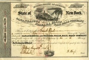 State of New York Cananadaigua and Niagara Falls Railroad Co. - Stock Certificate